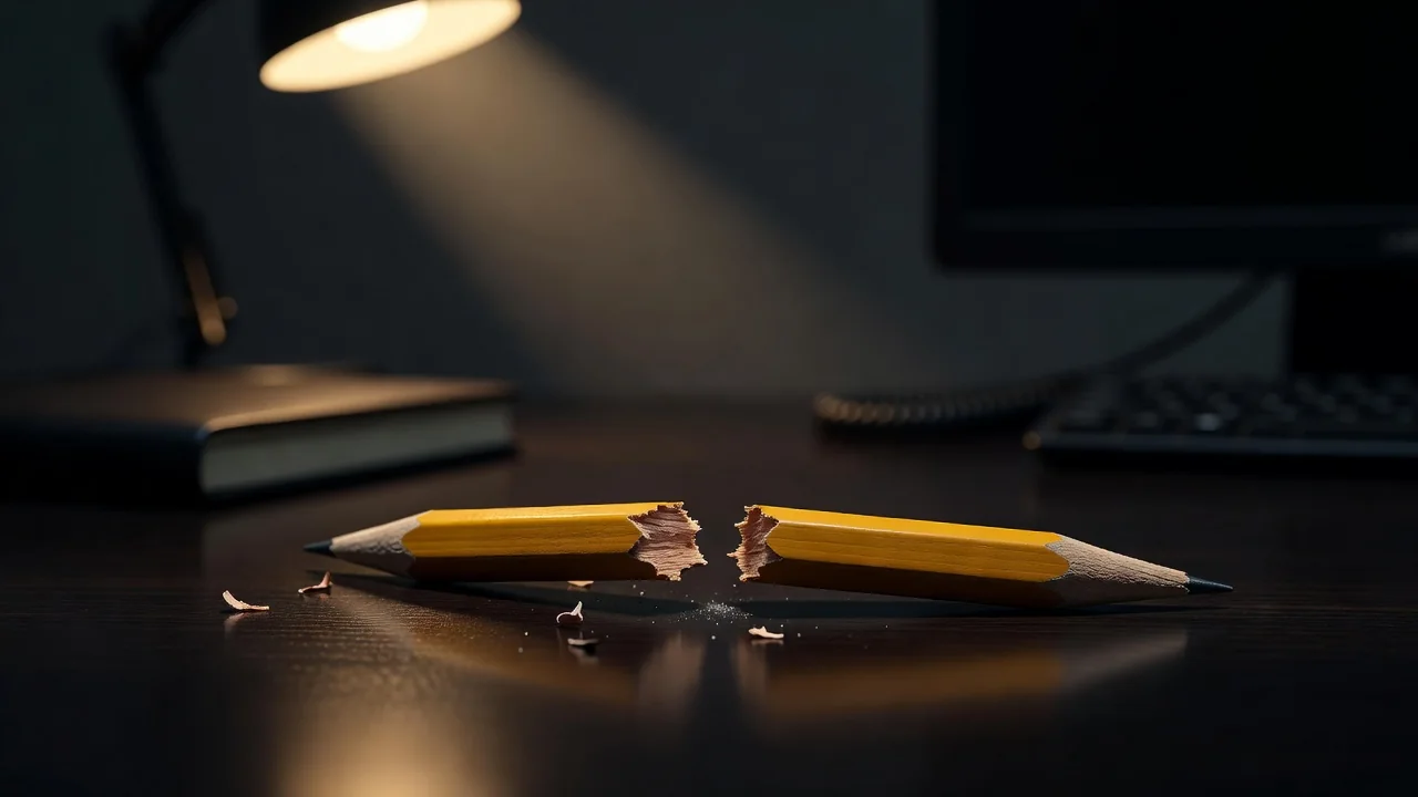 Pencil snapped in half lying on a dark office desk in moody light
