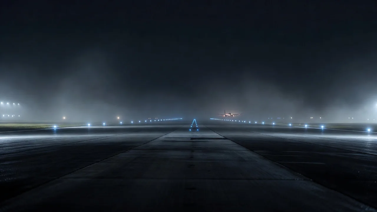 Empty airport runway at night with distant plane lights and mist