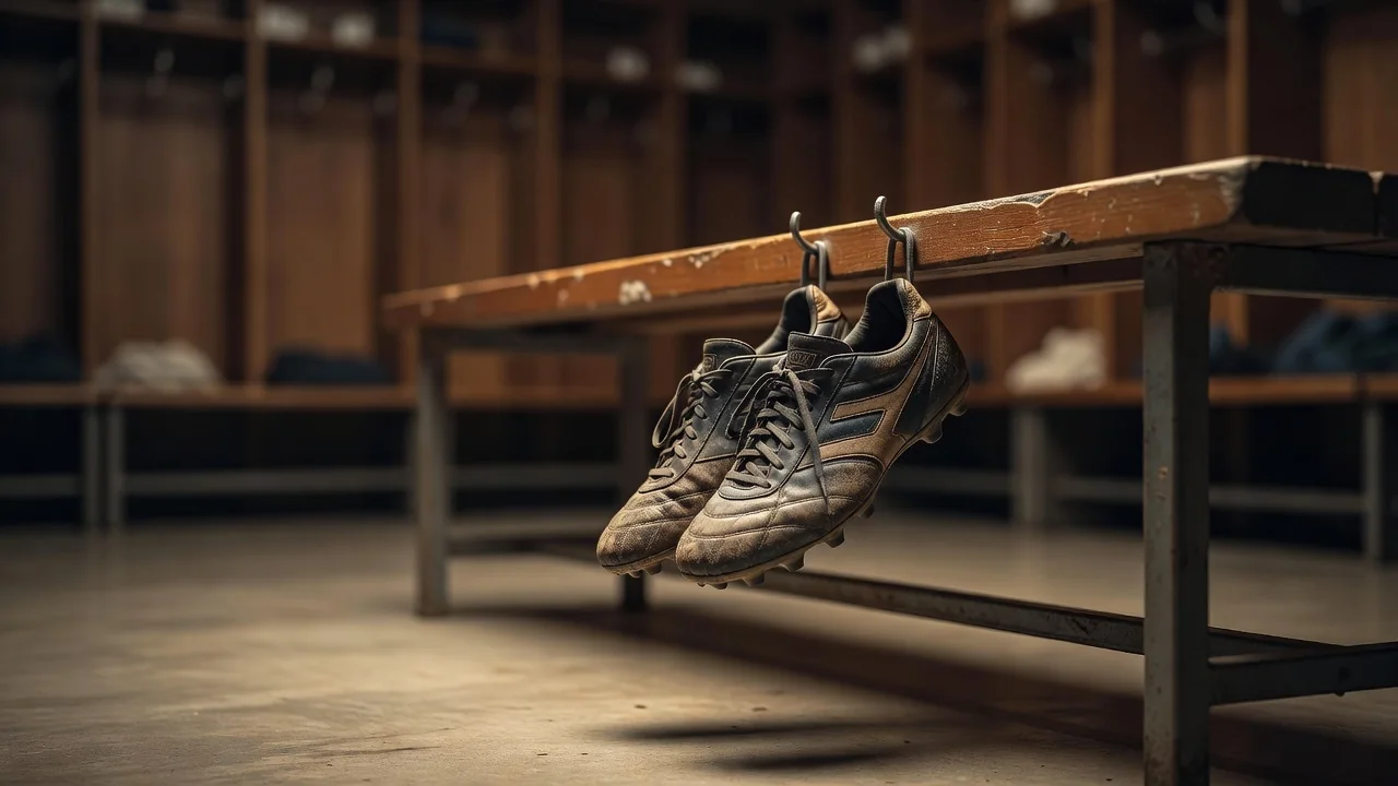 Football boots hanging on pegs in a quiet locker room