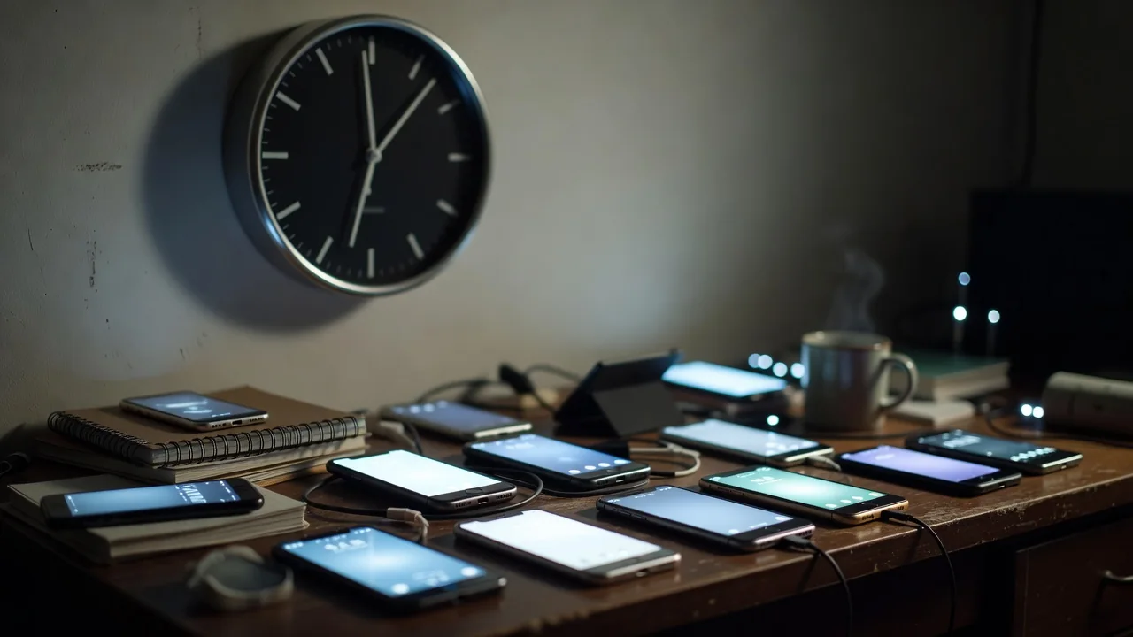 Wall clock near eleven at night above a desk of glowing phones