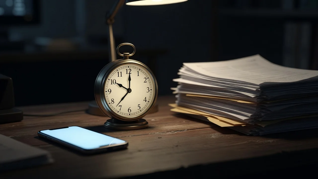 Desk clock approaching midnight beside a phone and stacked documents