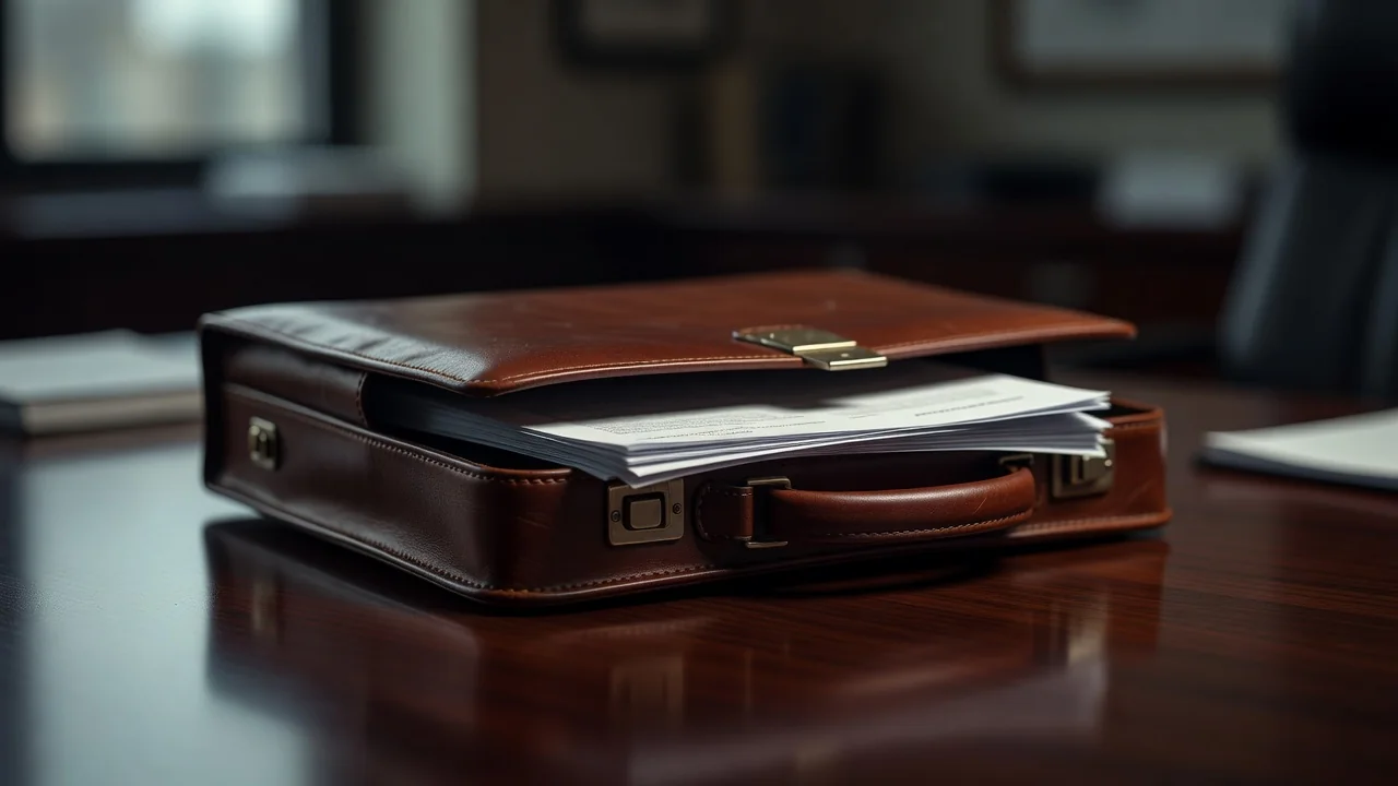 Leather briefcase with documents on a polished office desk