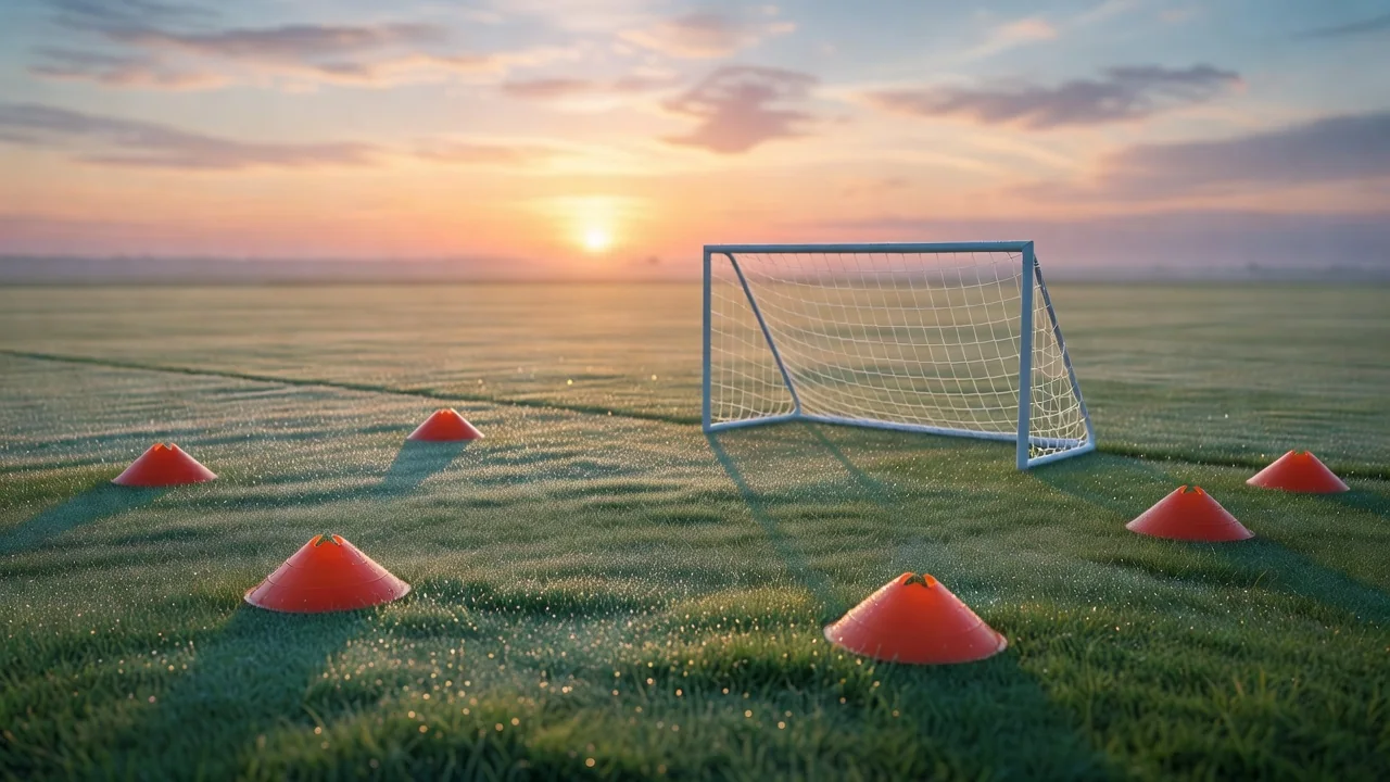 Training cones and a small academy goal on a dewy morning pitch