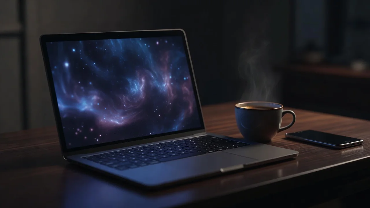 Laptop glowing beside a coffee cup and phone on a night desk