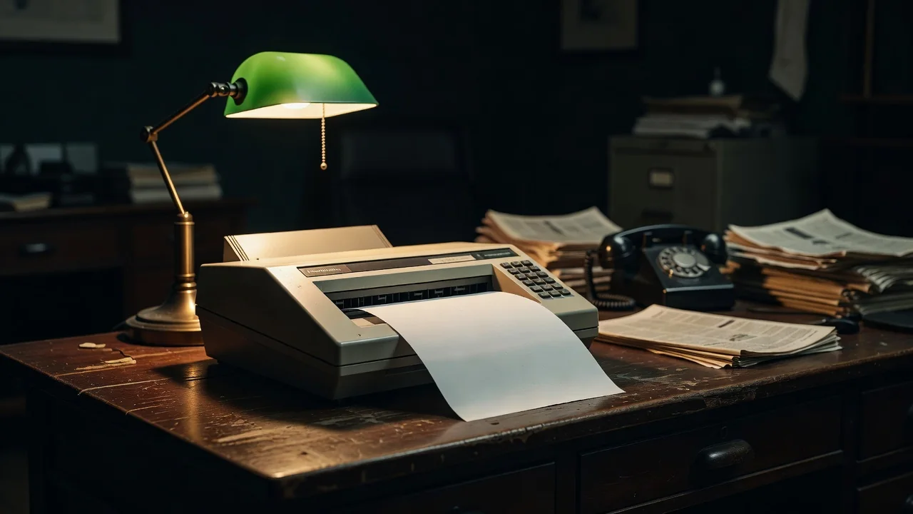 Vintage fax machine feeding out a sheet of paper in a dark office