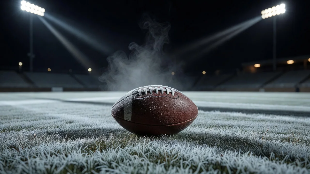 Football dusted with frost on a winter pitch under floodlights