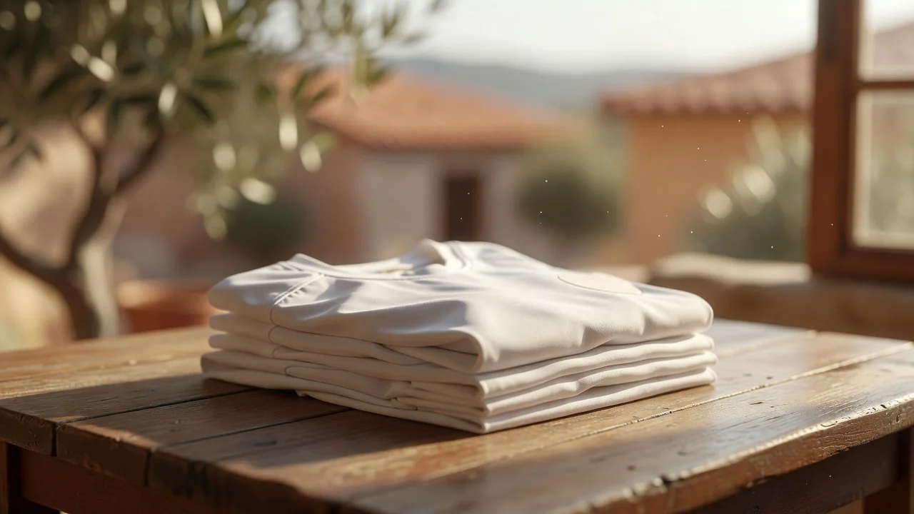 Plain white football jersey folded on a wooden table in warm light