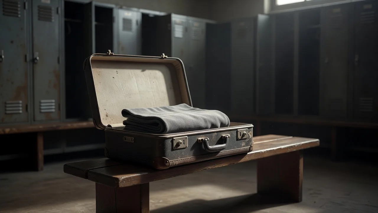 Suitcase with a folded football scarf on a locker room bench