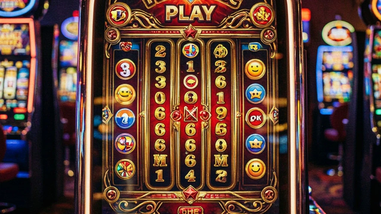 Close view of slot reels on a cabinet screen with a player pressing the spin button