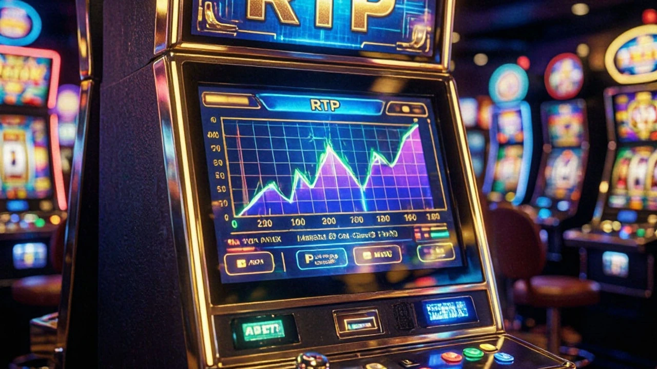Slot reels on a cabinet screen with the game information panel open