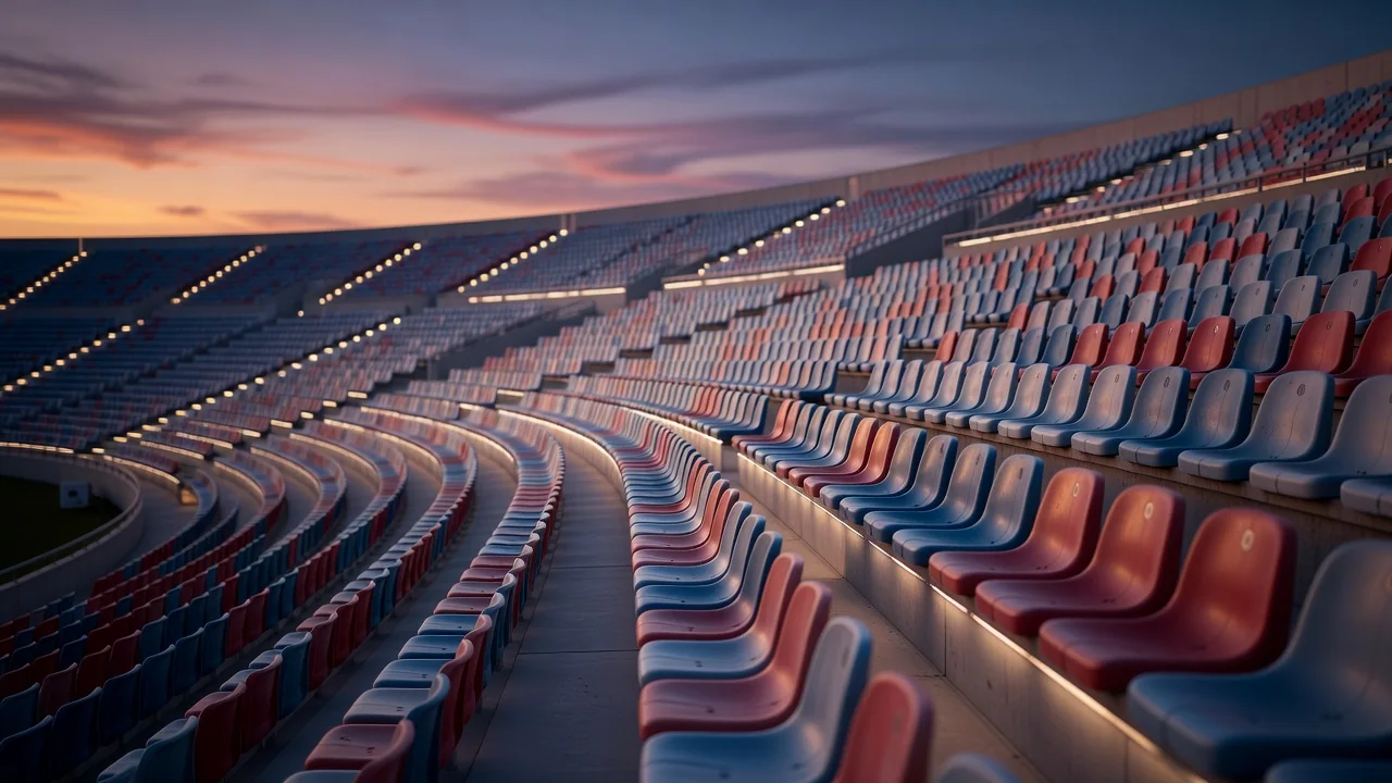 Rows of empty stadium seats glowing at dusk before a match