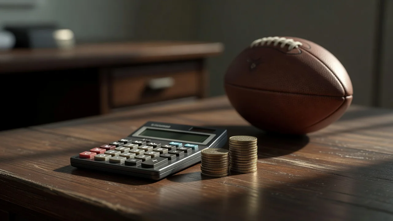 Calculator and stacked coins beside a football in soft focus