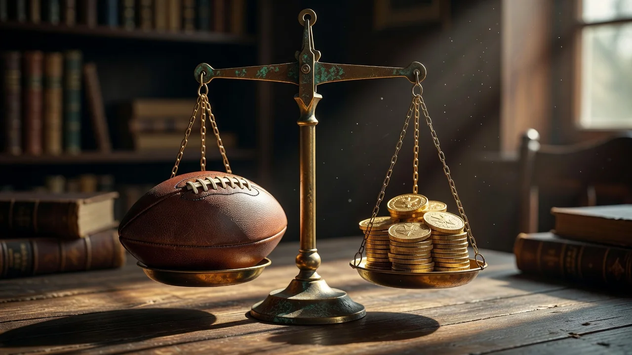 Balance scale weighing a football against a stack of coins