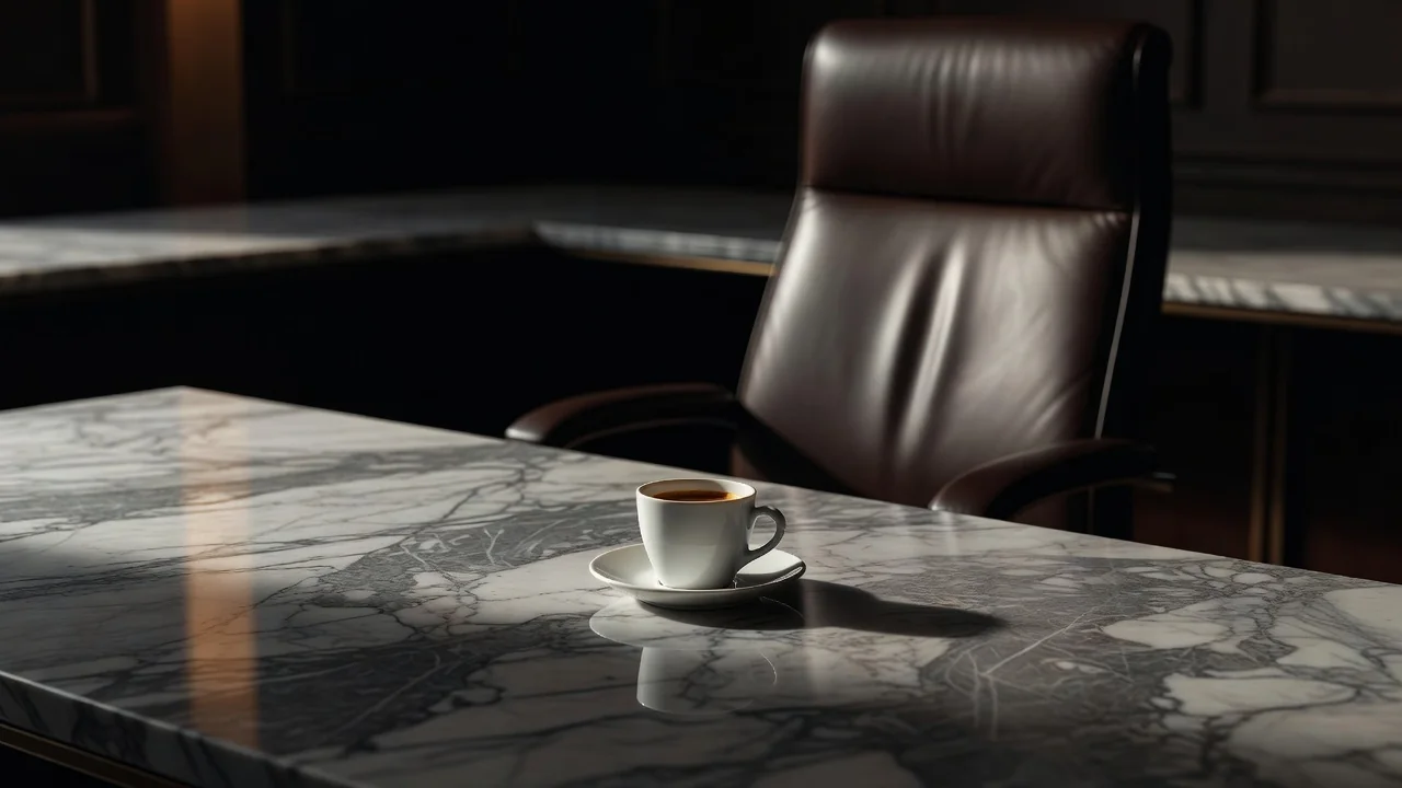 Espresso cup on a marble negotiation table with an empty chair