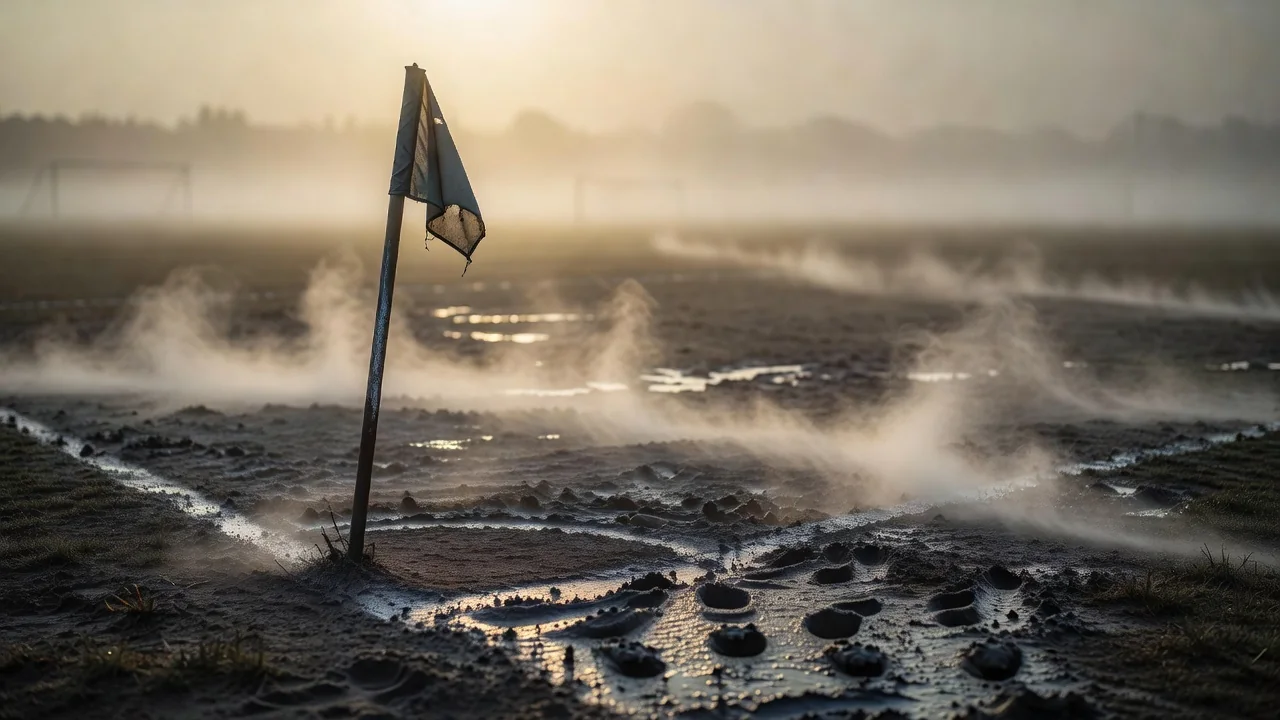 Corner flag on a muddy grassroots pitch at first light