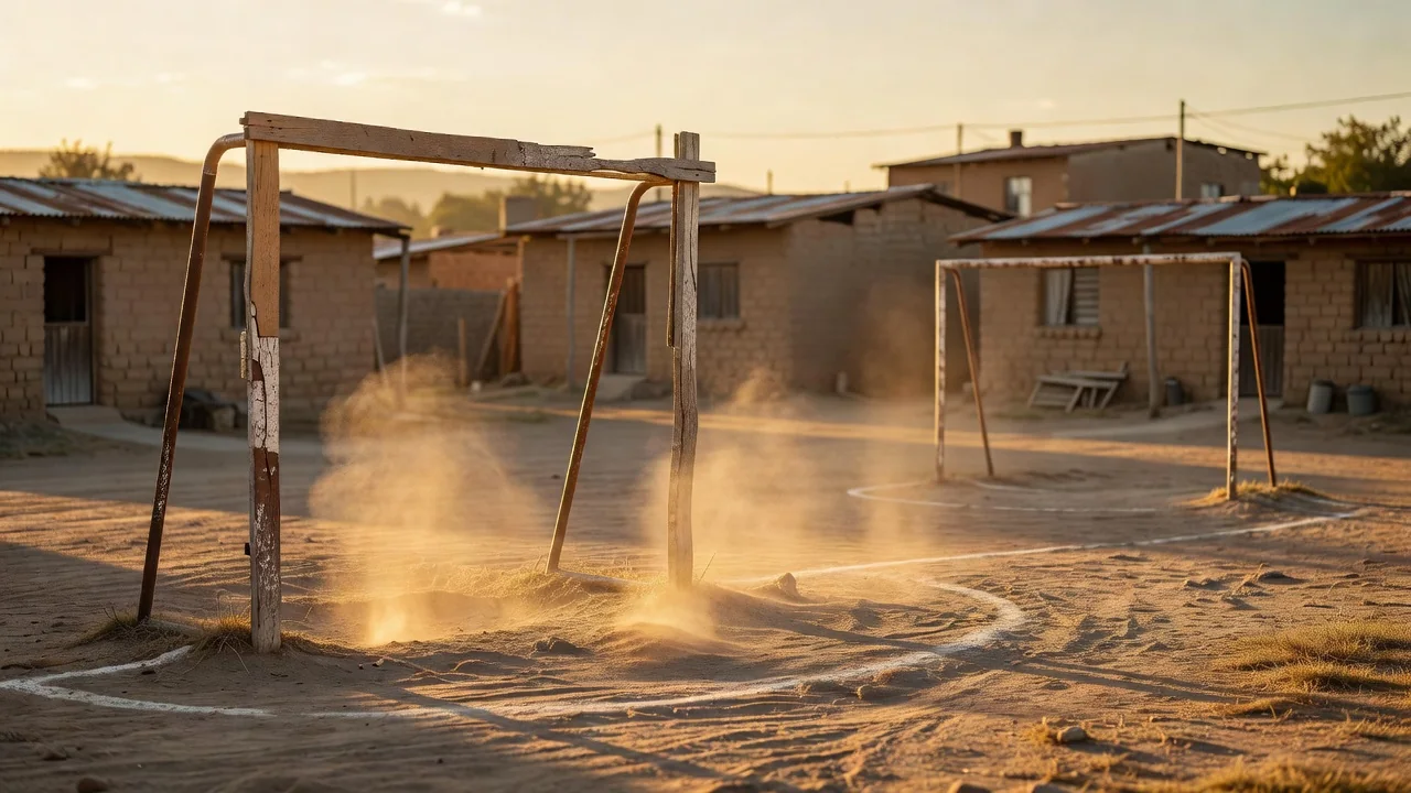 Rustic goalposts on a dusty neighbourhood pitch at sunset