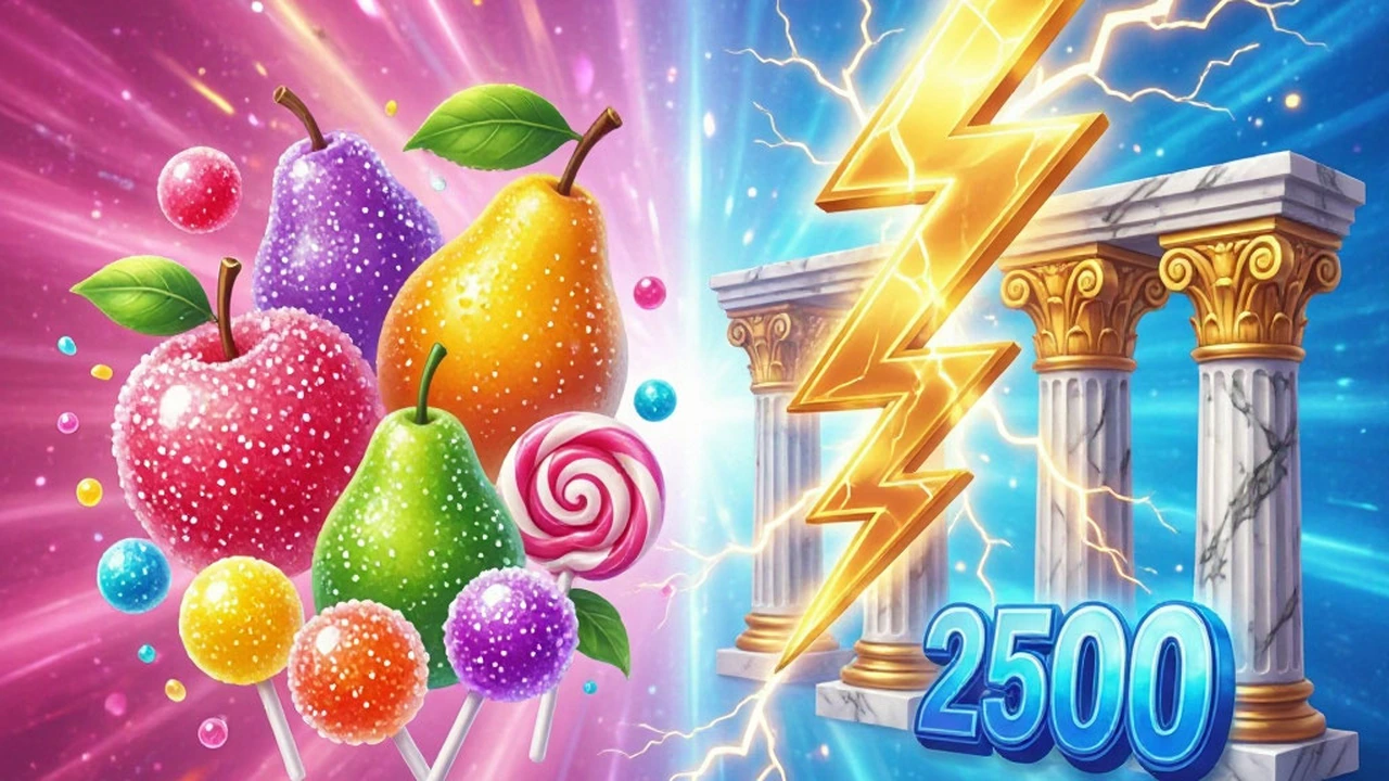 Slot reels filled with candy symbols and a lightning multiplier on a casino screen