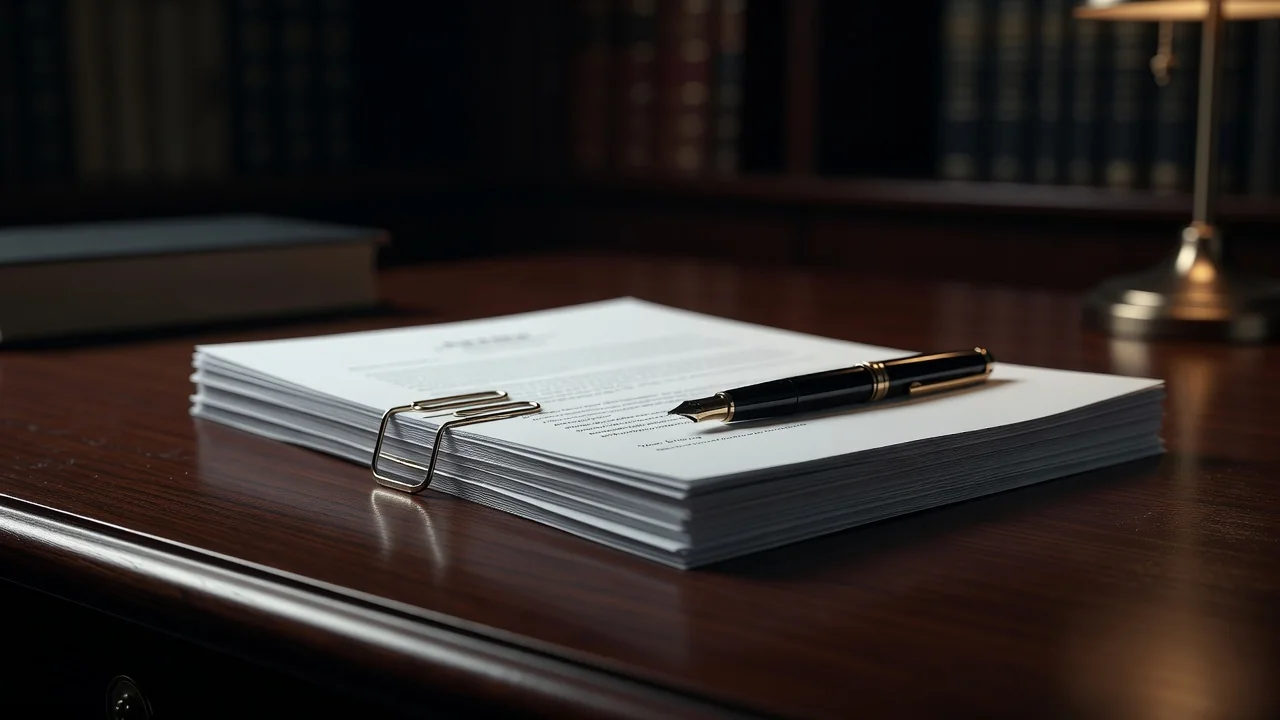 Contract pages held by paper clips with a pen on a lawyer desk