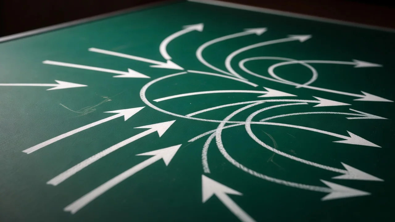 Chalk arrows and lines drawn on a tactics board with no text