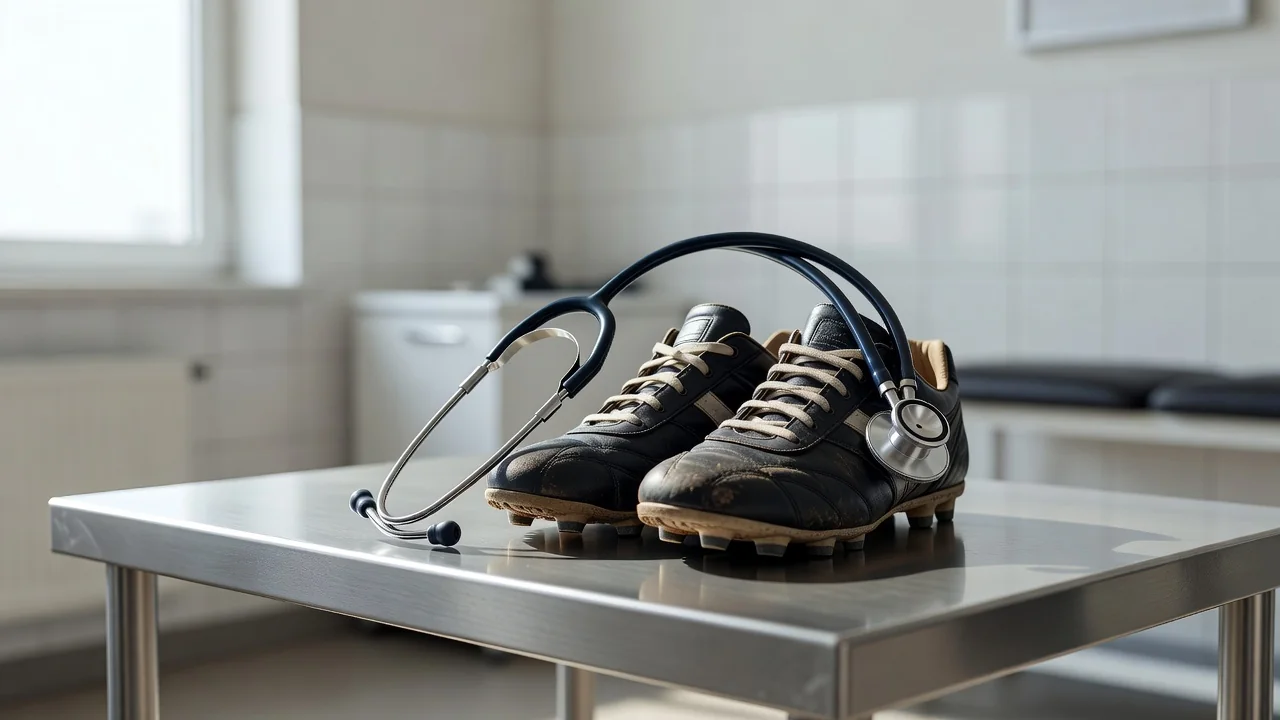 Stethoscope draped over football boots in a bright treatment room