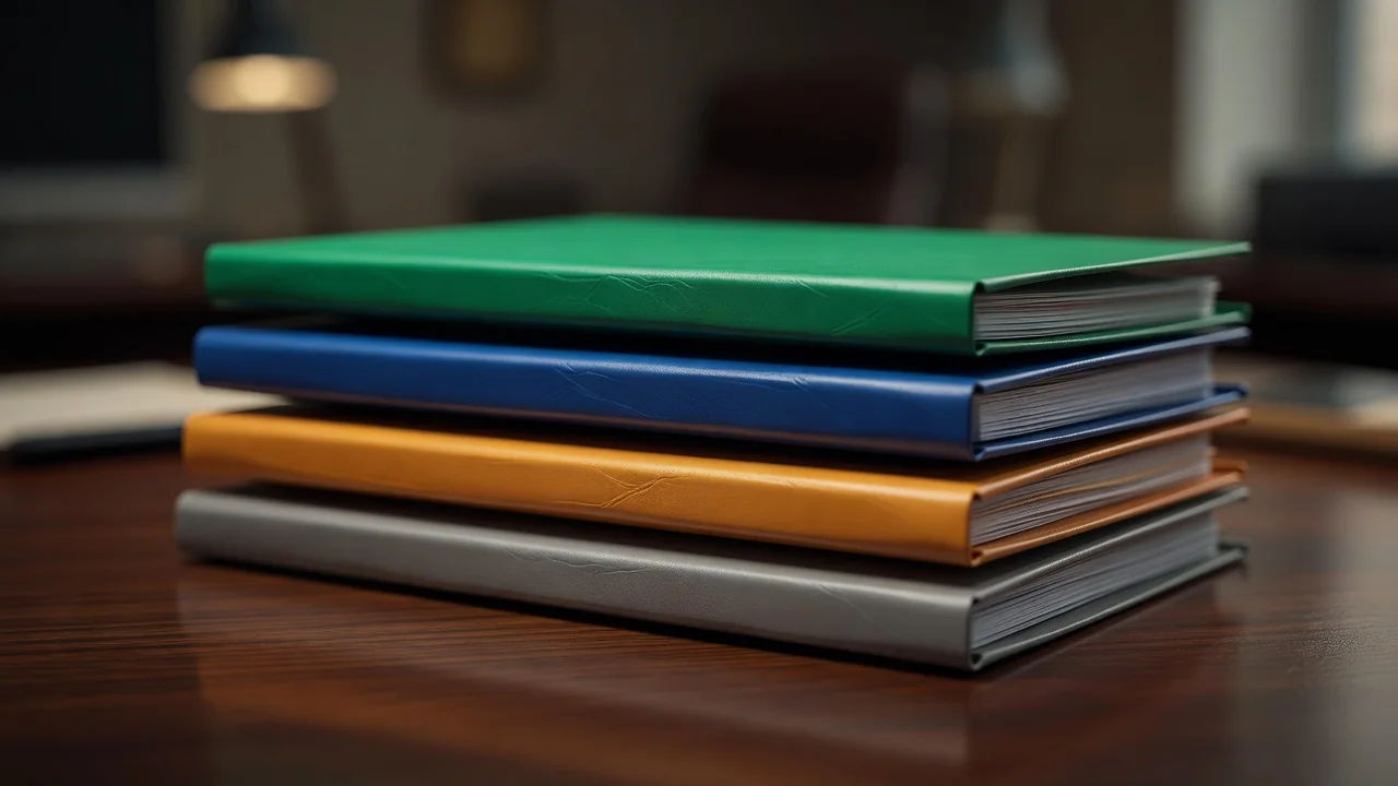 Four coloured document folders stacked in order on an office desk