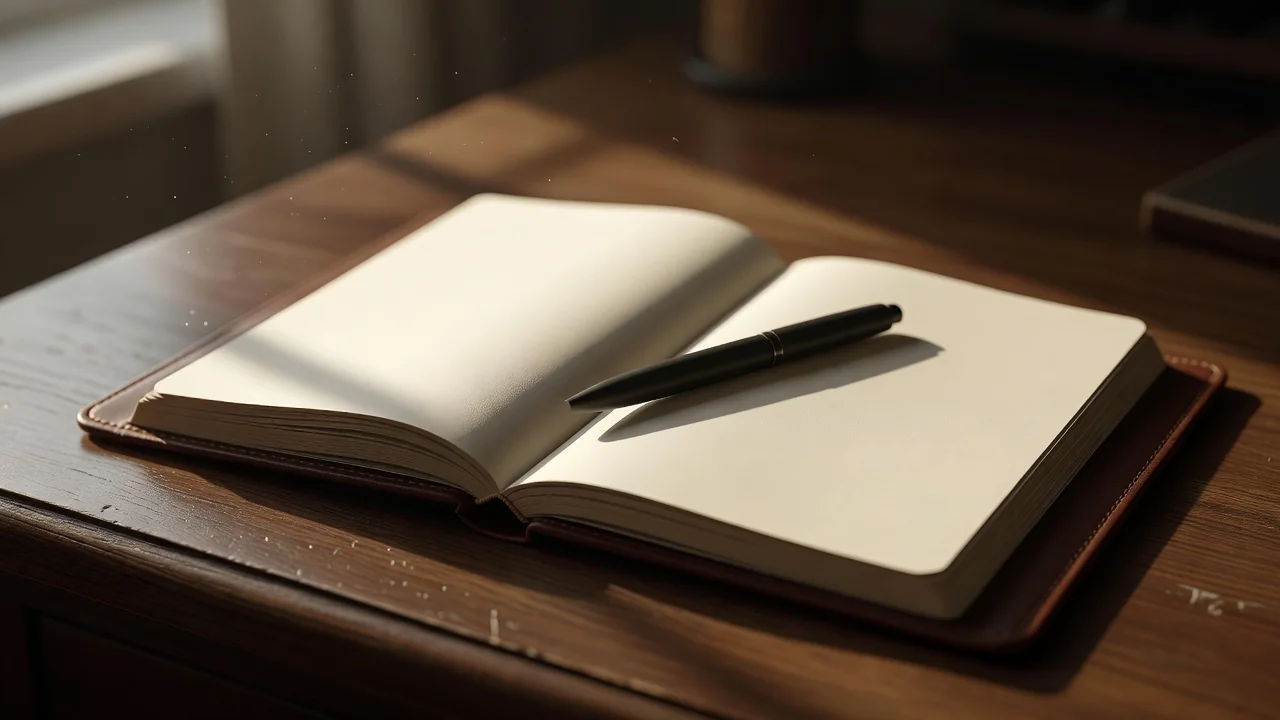 Open desk planner with a pen lying across blank diary pages
