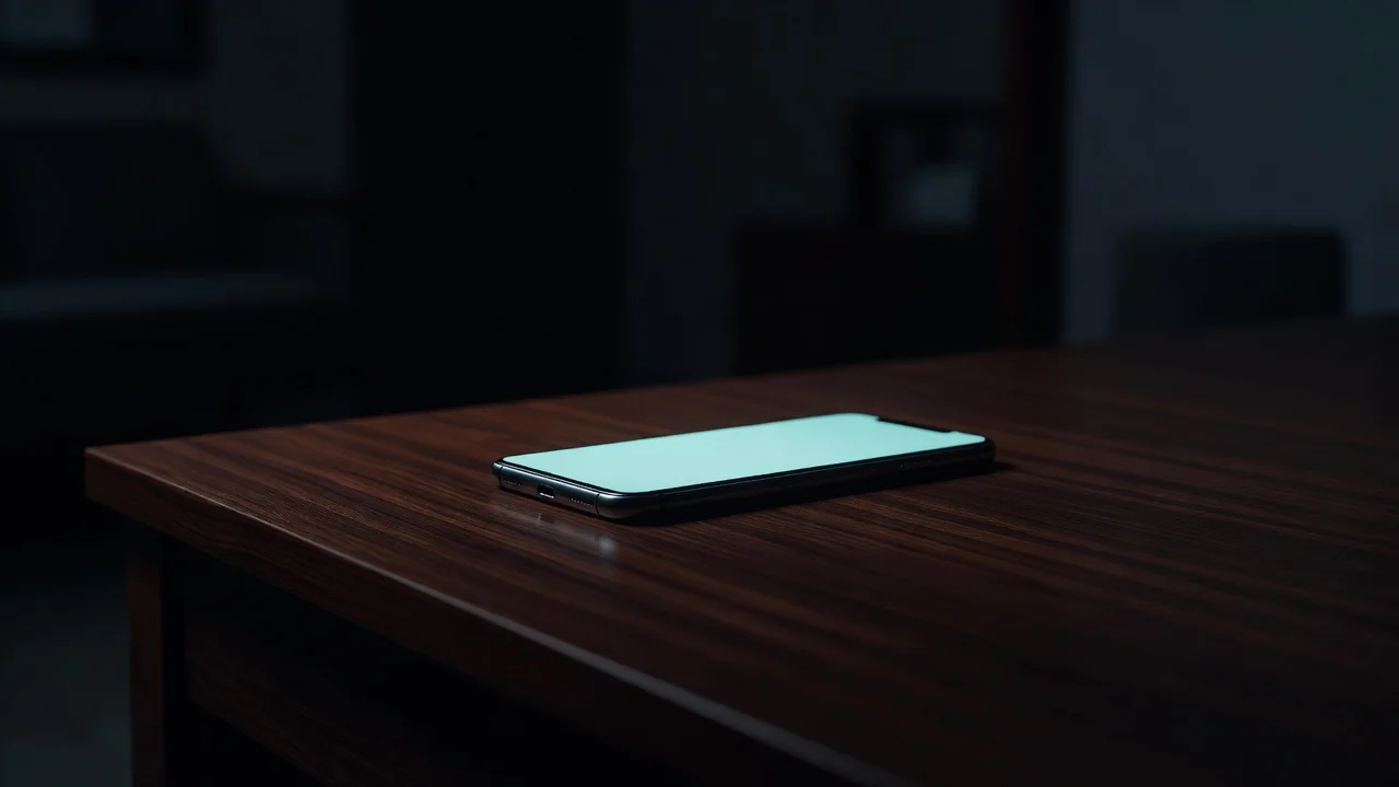 Smartphone lying face down and glowing on a dark wooden desk