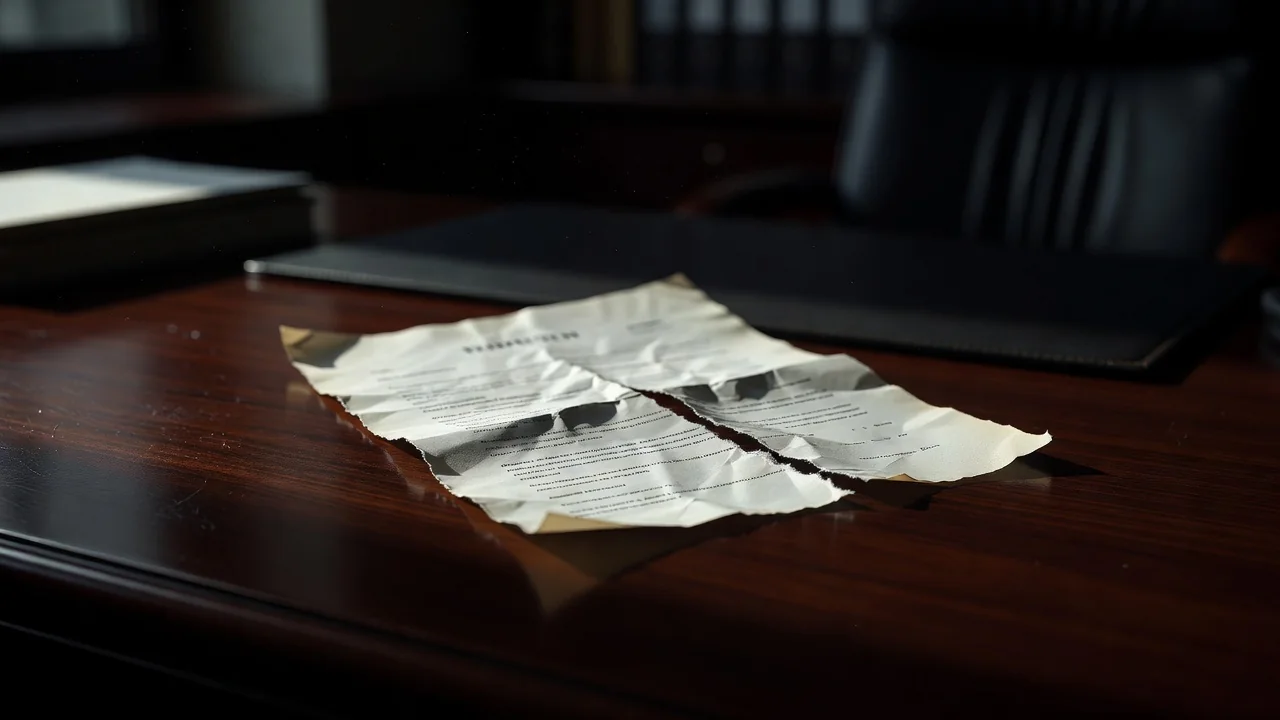 Torn sheet of contract paper lying on a dark office desk
